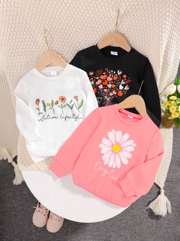 3pcs/Set Young Girl Crew Neck Floral Print Long Sleeve T-Shirts, Spring Autumn New Children Casual Tops Multiple Colors