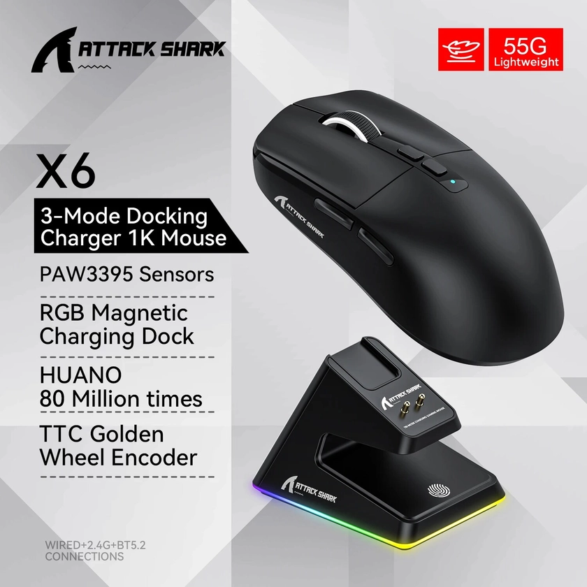 Mouse Macro Gaming Bluetooth, Conexão Tri-Mode, Base de carregamento magnética RGB Touch, X6 PAW3395