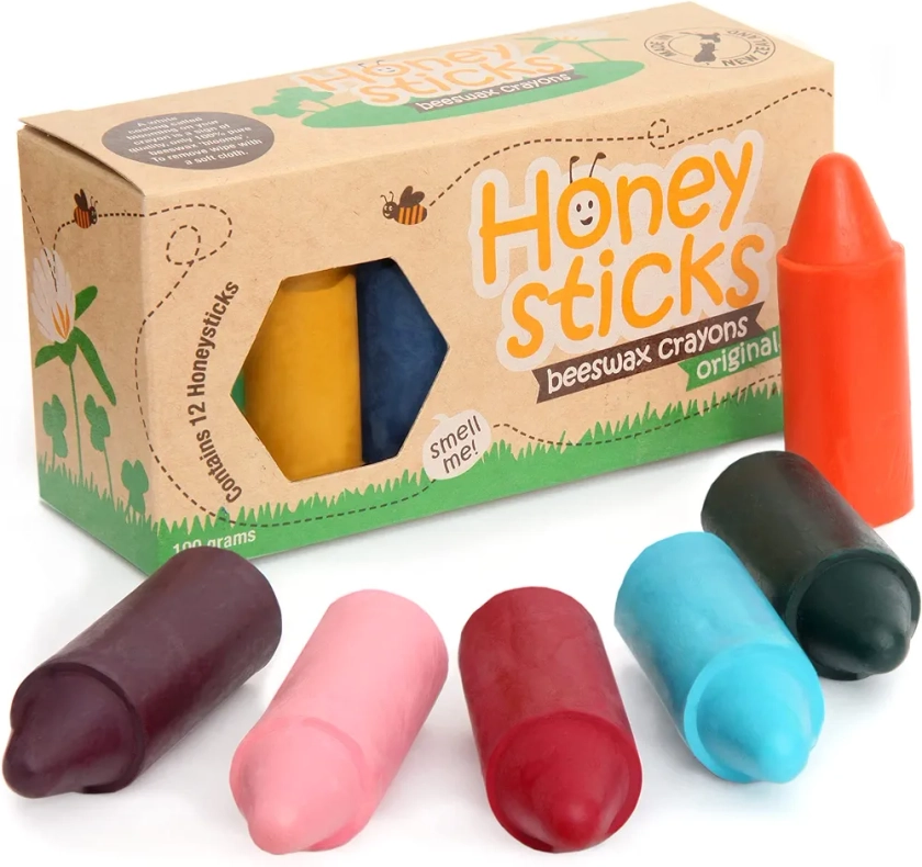 Honeysticks Boîte de 12 Gros Crayons 100% en Pure Cire d’Abeille naturels et Non Toxiques, idéals pour Les Tout Petits (1 an et Plus) comme Les Plus Grands, Faits Main en Nouvelle-Zélande