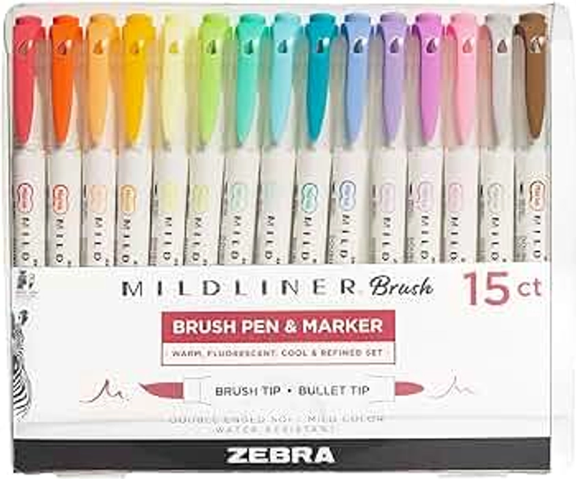 Zebra Mildliner Double Ended Brush Pen & Marker 15/Pkg-Assorted Colors