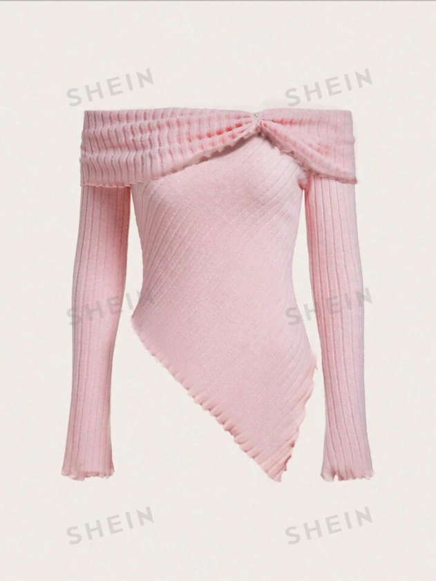 SHEIN ICON Spring Off Shoulder Twist Front Asymmetrical Hem Pink Tee | SHEIN USA