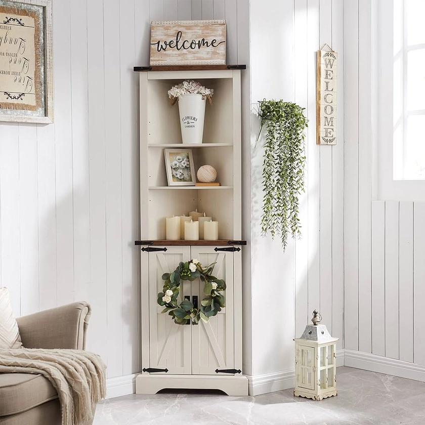 OKD Tall Corner Cabinet, Farmhouse Storage Cabinet with Barn Door Design & Adjustable Shelves, Home Space Saver for Bathroom, Living Room, Rustic Oak with Antique White