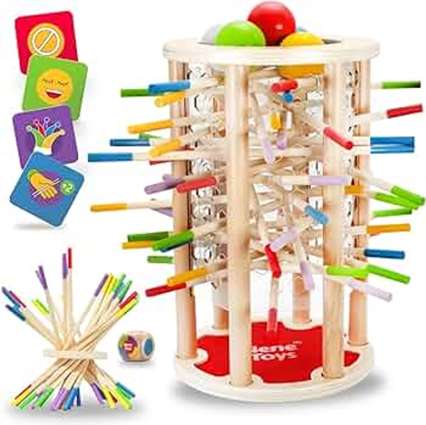 Nene Toys BALLFALL, Jouet Montessori pour Enfants 3+ Ans - Jeu de Société en Bois avec Bâtonnets Colorés, Dés & Cartes - Jeu de Société Éducatif et Familial pour Garçons et Filles de 3 à 9 Ans