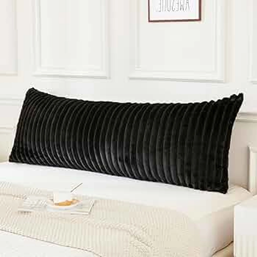 JAUXIO Faux Fur Fluffy Body Pillow Cover Luxury Textured Vertical Stripe Plush Decorative Body Pillowcase, Ultra Soft and Cozy Zipper Closure 21 x 54 Inches, Black