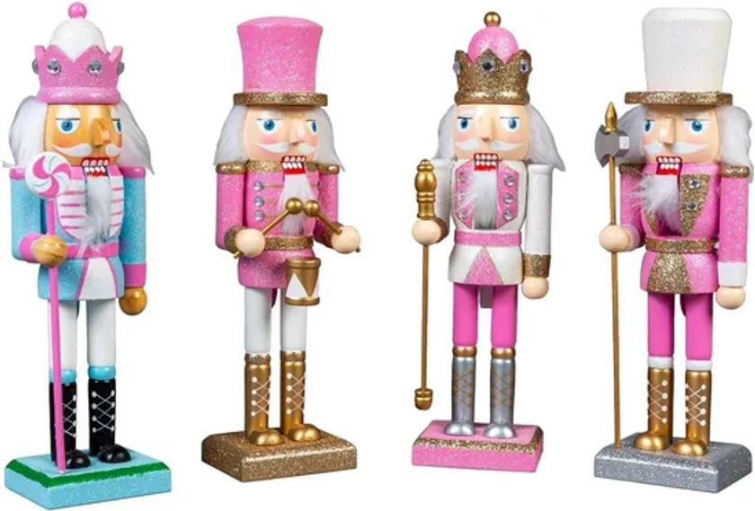 Christmas Decorations | 25cm Pink Wooden Nutcrackers Soldiers King Drummer Christmas Ornament 4pcs Set | Shatchi