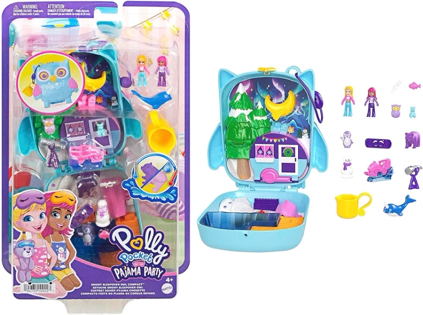 Polly Pocket Dolls and Playset, Animal Toys, Pajama Party Snowy Sleepover Owl Compact Playset with Water Play and 2 Color-Change Pieces, HKV37