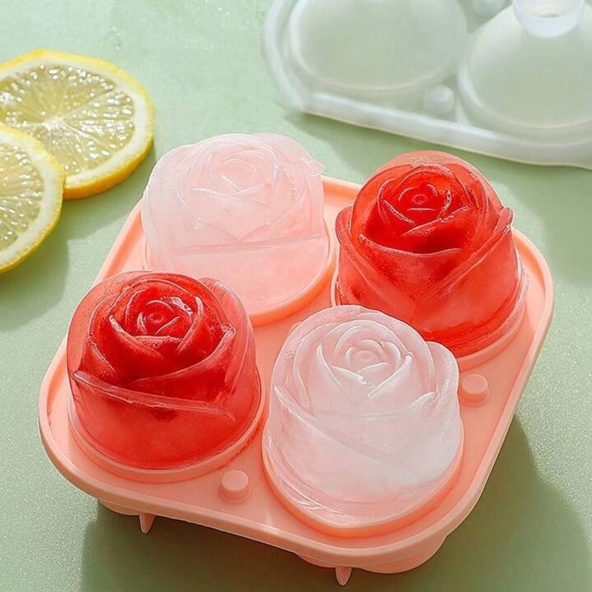 1pc Silicone Ice Cube Tray With Four Roses Shaped Cups, Perfect For Whiskey, Home Made Ice Box
