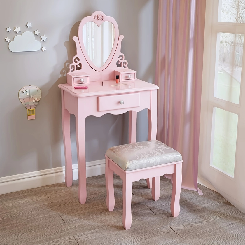 * Kids Dressing Table with Mirror and Stool, White Children's Vanity Set with Flip Up Heart Mirror and 3 Drawers, Girls Makeup Desk for Age 3-9