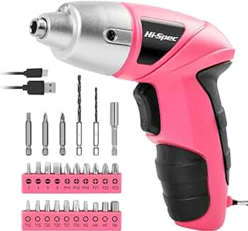 Hi-Spec 27 Pc Electric Screwdriver Pink 3.6V with 23 Drill Bit Set for Women. Cordless Screwdriver Tool with Rechargeable Battery & LED Light. Ideal Electric Screwdrivers Cordless for Home & Office.