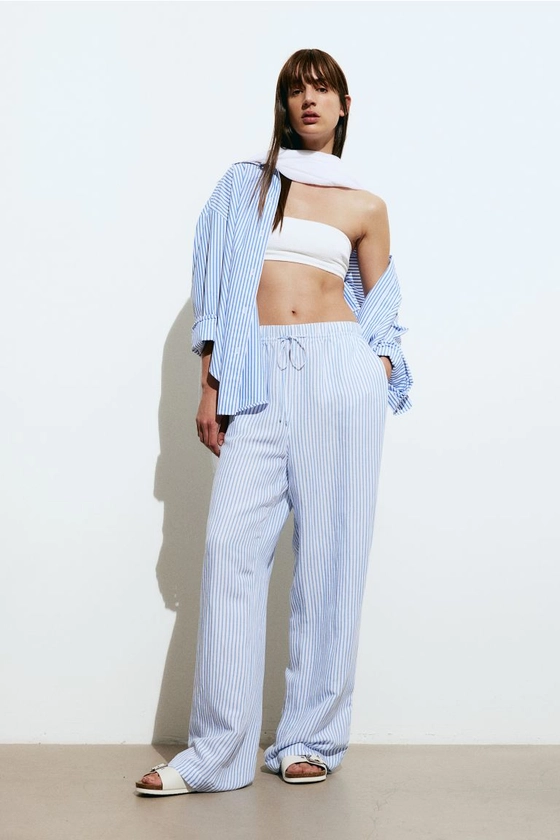 Pantalon en lin mélangé avec taille élastique - Taille haute - Longue - Blanc/rayures bleues - FEMME | H&M FR