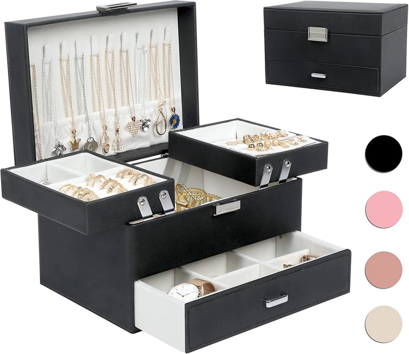 Amazon.com: Dajasan Jewelry Boxes for Women Girls, Jewelry Organizer Box, 3 Layers Jewelry Storage Organizer for Earring, Ring, Necklace, Bracelets (Black) : Clothing, Shoes & Jewelry