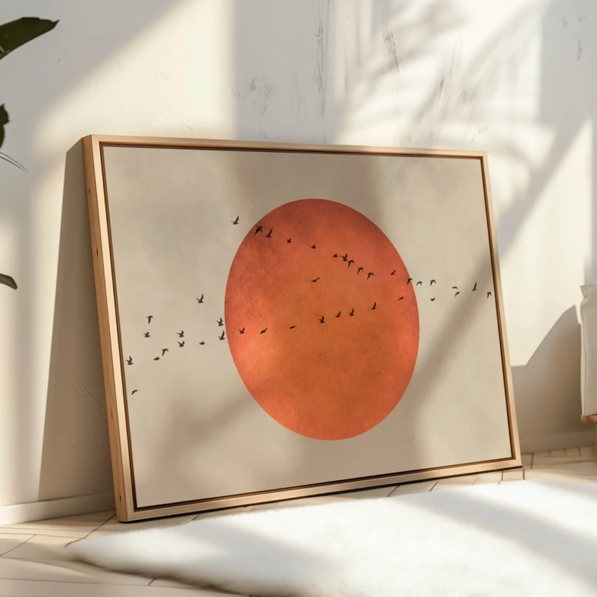 Orange Sun Canvas Wall Art Print, Flying Birds Framed Art, Minimalist, Large Living Room Decor, Horizontal Art, Japandi Decor, Sunset Art - Etsy UK