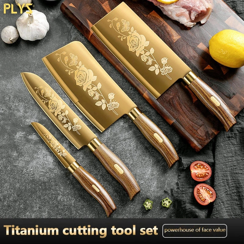 PLYS-Conjunto De Faca De Cozinha Para Chef, Lâmina De Aço Inoxidável, Chapeamento De Titânio Dourado, Luxo