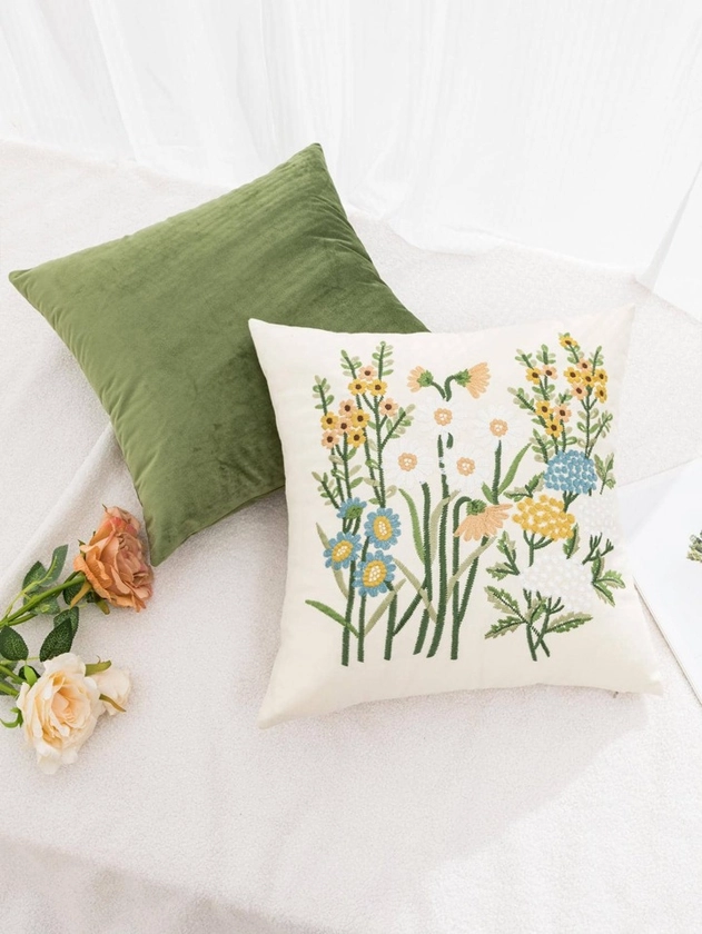 2pcs Floral Embroidered Cushion Cover Without Filler, Cottagecore Throw Pillow Cover, For Sofa, Couch, For Living Room