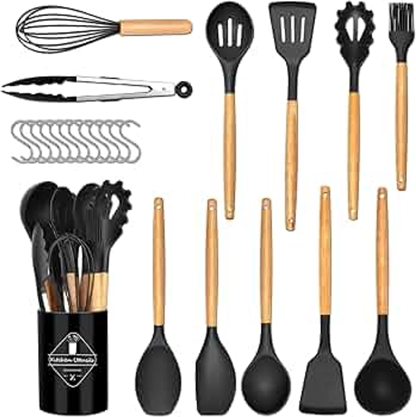 Ustensiles de Cuisine Silicone, 24 Pièces, Set de Couverts de Cuisine, Antiadhésif, Set de Spatule en Silicone, Résistant à La Chaleur, Poignée en Bois, 12 Crochets en S,Louche,Lavable