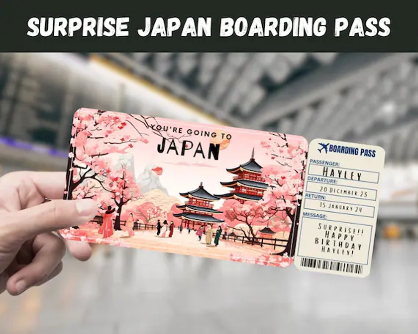 Billet cadeau voyage Japon surprise - Vous allez au JAPON - imprimable, vol, carte d'embarquement, modifiable, téléchargement immédiat, impression de voyage
