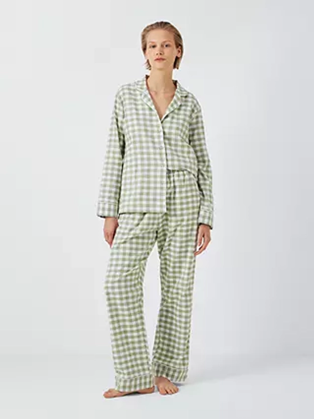 John Lewis Gingham Brushed Cotton Pyjama Set, Sage/Ivory