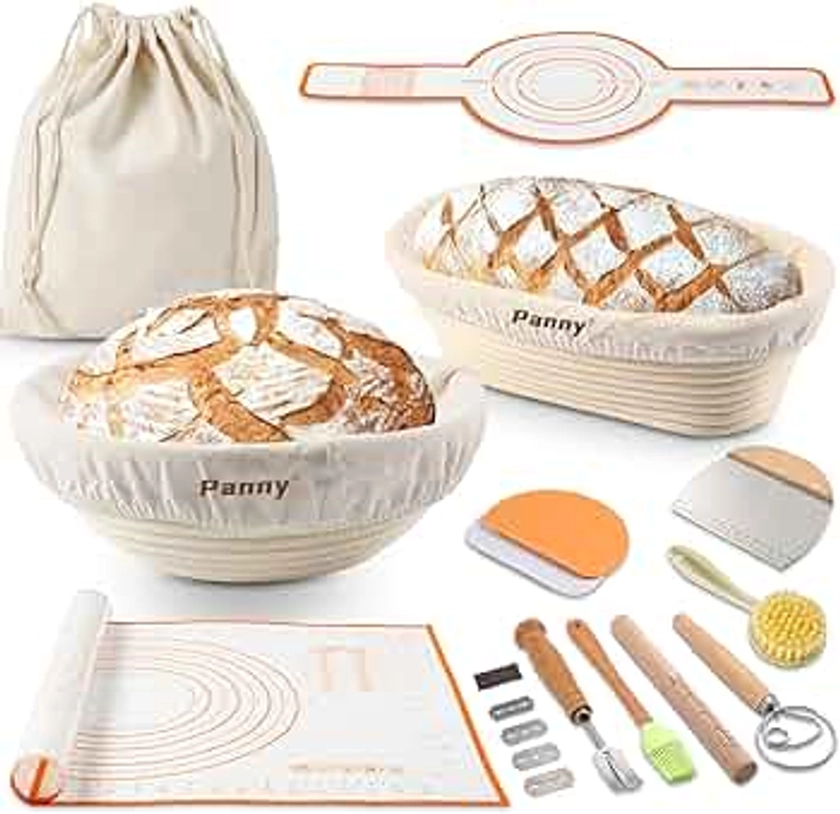Panny Banneton Basket, Banneton Bread Proofing Basket with Liners, 9" Round & 10" Oval Sourdough Starter Kit, Sourdough Bread Baking Supplies, Bread Making Tools, Natural Rattan Proofing Bowls Baskets