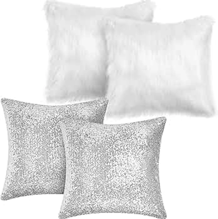Irenare 4 Pcs Sequin and Fluffy Pillow Cases Winter Faux Fur Throw Pillow Covers Glitter Pillow Cases Soft Fuzzy Cushion Cover for Couch Bed Sofa Christmas Day