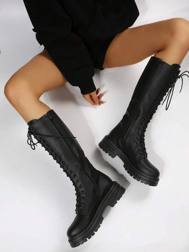 Botas De Cuña Con Plataforma Negra De Moda A Media Pantorrilla Para Mujer Con Diseño De Cordones