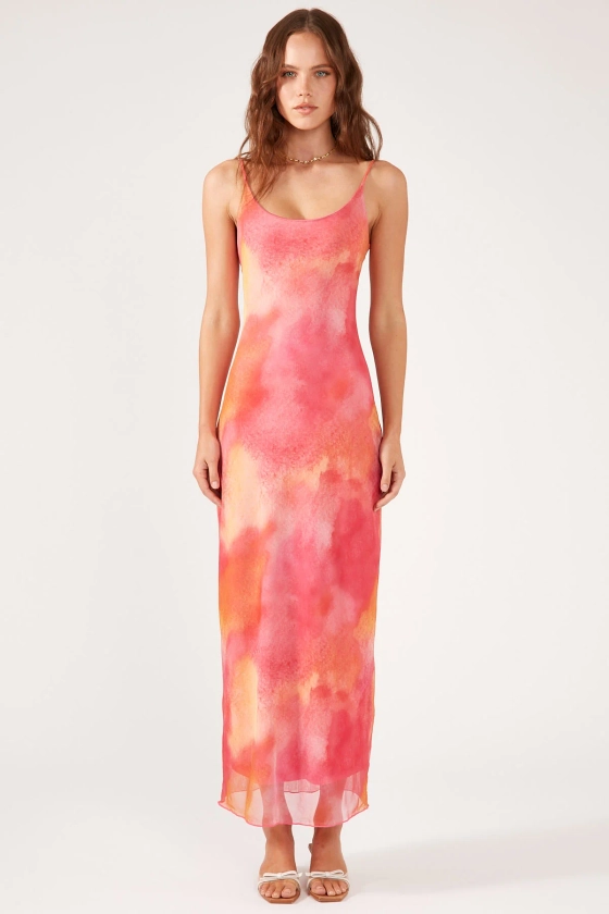 Perfect Stranger ROMANTIC HAZE RECYCLED MESH MIDI DRESS Pink Print