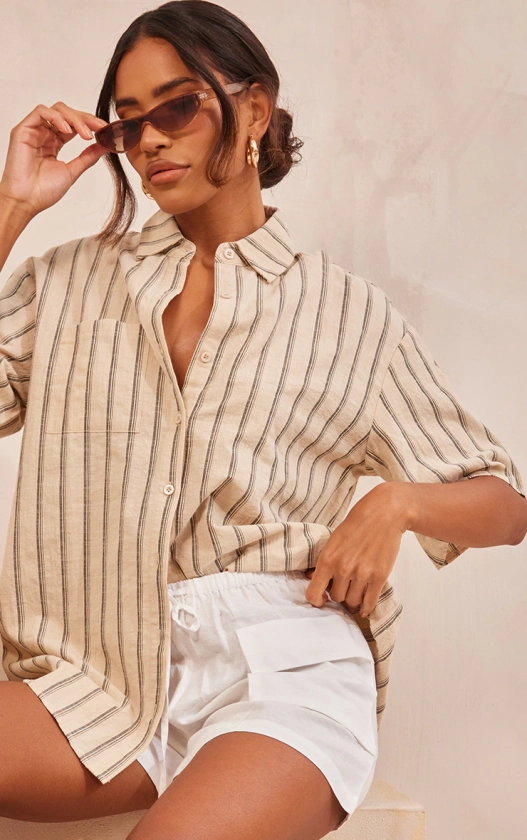 Stone Linen Stripe Oversized Short Sleeve Shirt