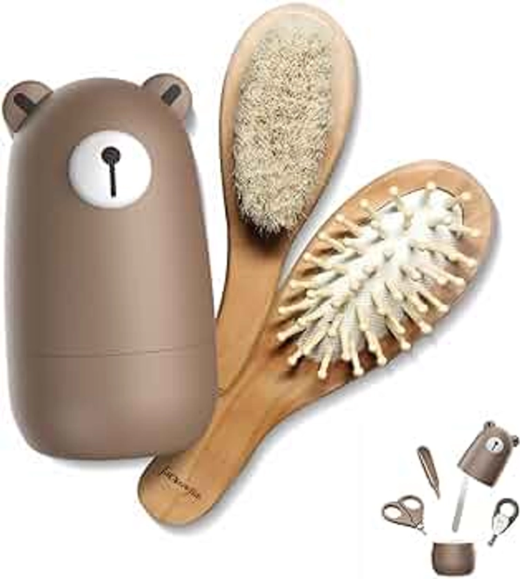 Ensemble de toilettage 6 en 1 pour bébé, brosse à cheveux et peigne en bois naturel, ciseaux à ongles, lime à ongles et pince à épiler pour enfants et nouveau-nés dans un joli emballage cadeau