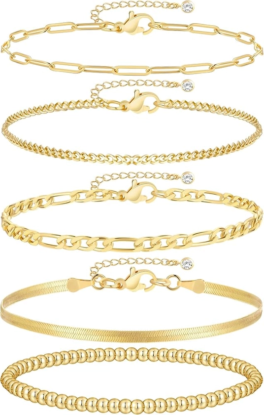 iF YOU Gold Bracelets for Women, 14K Gold Plated Stackable Bead Ball Cuban Link Paperclip Bracelets Bracelet Set, Layered Adjustable Bracelets for Women Waterproof Jewelry for Gift 5pc