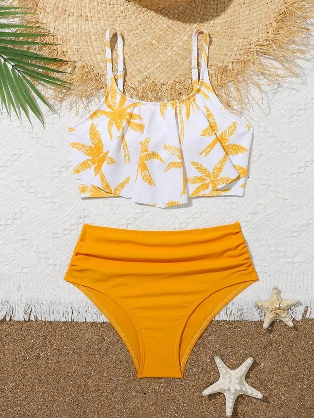 Tween Girls' Coconut Tree Print Cami Bikini Set With Solid Color Triangle Bottom
