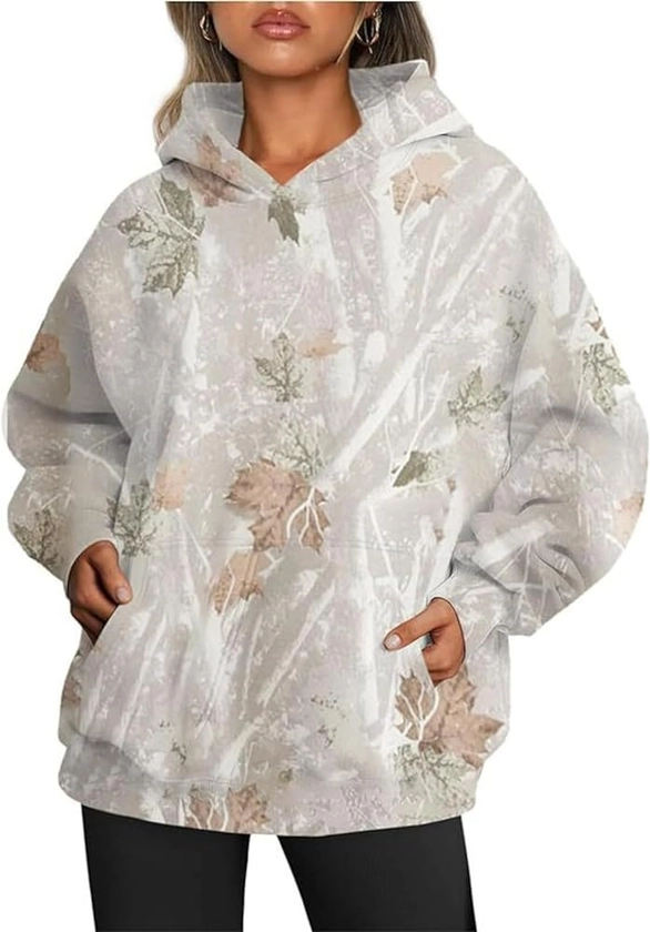 Womens Camo Hoodies Maple Leaf Print Oversized Hooded Sweatshirt Fleece Pullover Sweatshirts Long Sleeve with Pocket