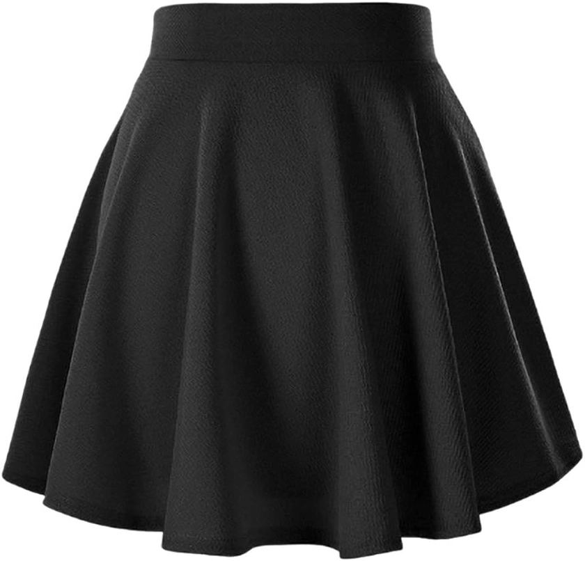 Afibi Casual Mini Stretch Waist Flared Plain Pleated Skater Skirt (X-Small, Black) at Amazon Women’s Clothing store