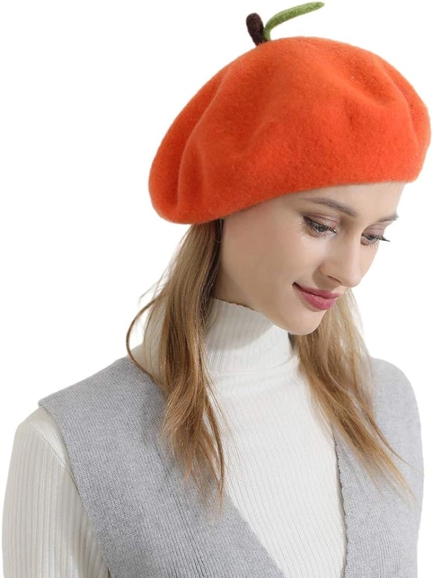 Zasy Handmade Wool Felt Embroidery Cartoon Beret hat for Women Girls Winter Autumn (Orange) at Amazon Women’s Clothing store