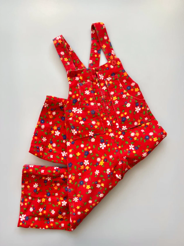 Vintage Handmade Red Floral Dungarees Age 4