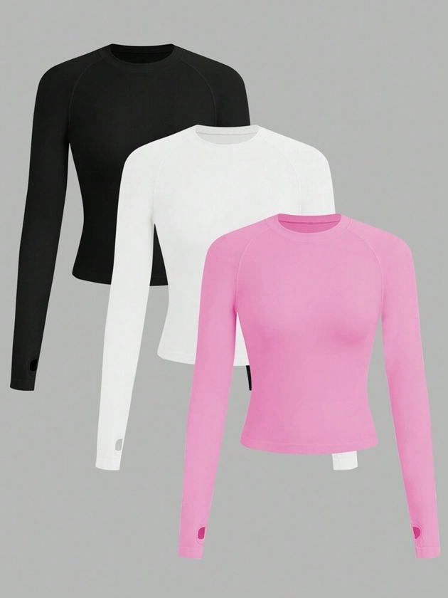 Women's Plain Crew Neck Raglan Sleeve Sports T-Shirt/Seamless/Thumb Holes