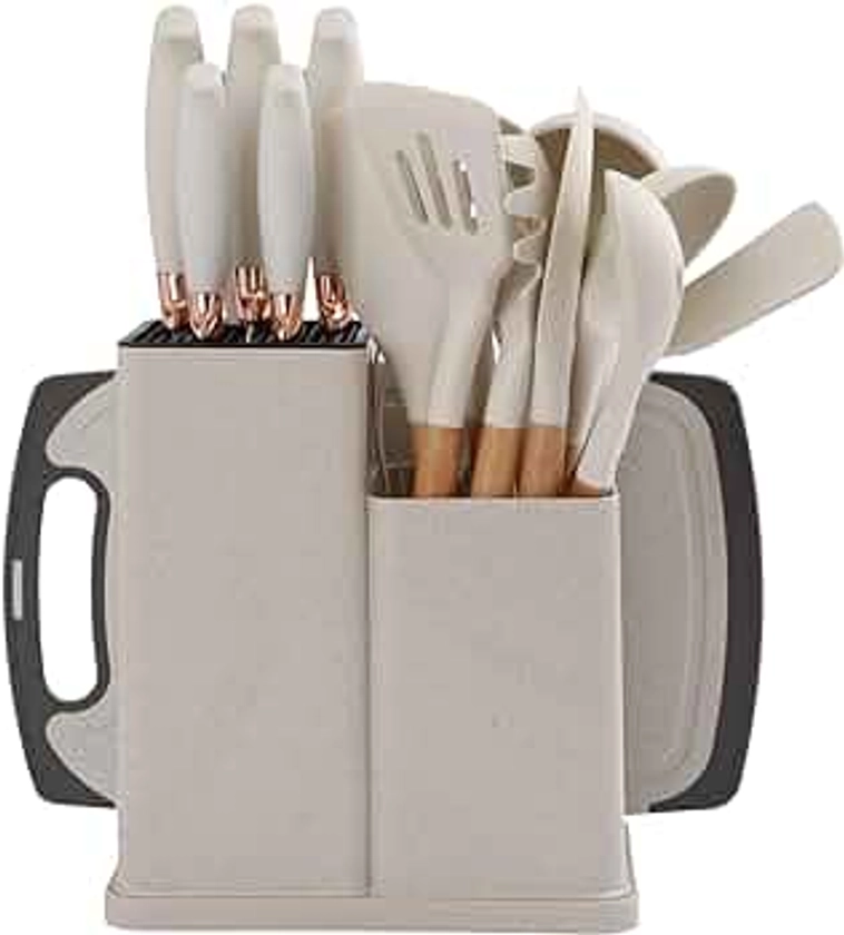 HKS 19 PCS Kitchen Cutlery Set with Silicone Handle, Knife Set for Cooking and Kitchen/Cooking Utensils, Knife Block Set (Beige)