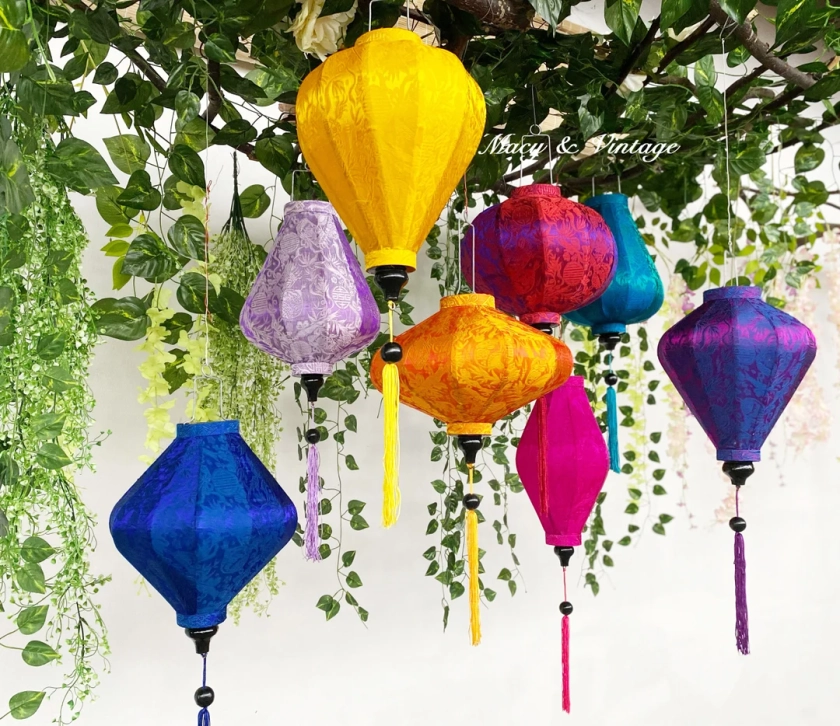 Set of 8 bamboo silk lanterns 35cm - Mix shape and color - Wedding decor. Home decor. Patio decor. Living room lamp