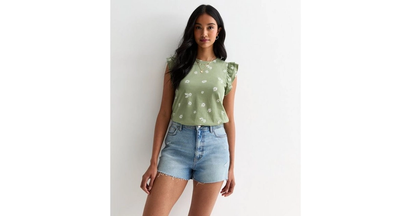 Green Floral-Print Frill-Trim T-Shirt | New Look