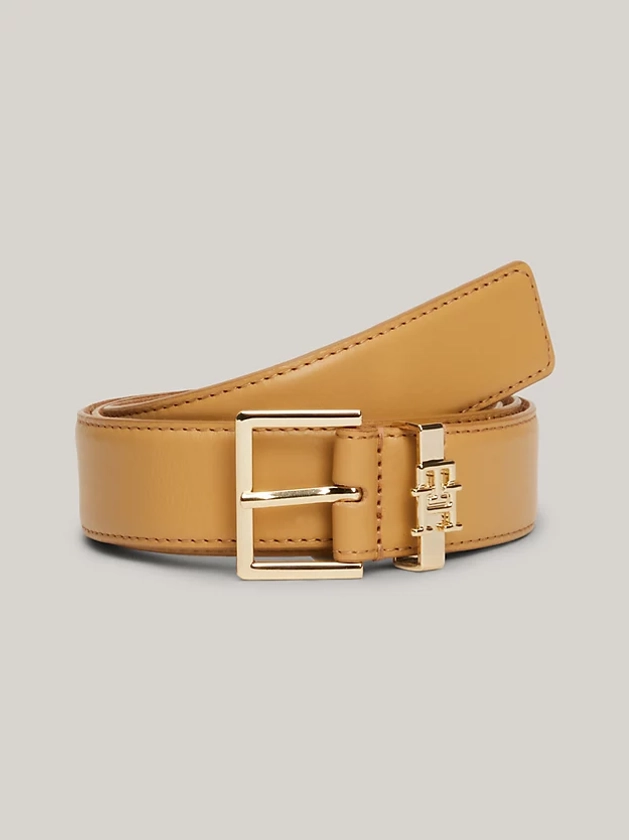 Ceinture en cuir à boucle carrée et monogramme | BEIGE | Tommy Hilfiger