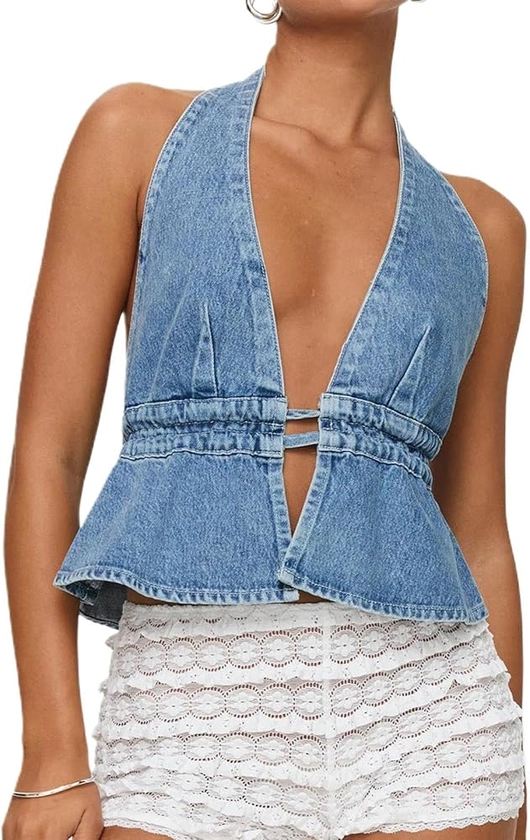 Women Y2K Denim Vest Vintage Sexy Sleeveless Backless Tie Back Tank Top Halterneck Jean Vest Top Streetwear