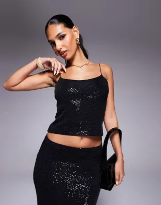 ASOS DESIGN - Caraco d'ensemble orné de sequins coupe ajustée à encolure dégagée - Noir | ASOS