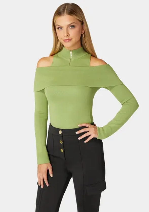 Mock Neck Zip Detail Cold Shoulder Sweater