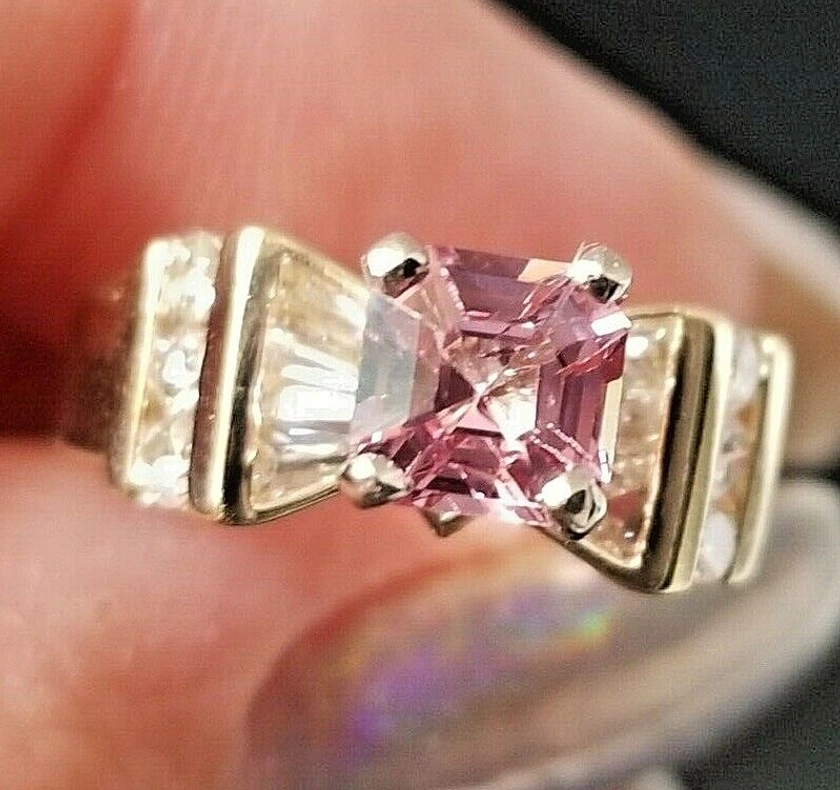 Petite 1.40TCW Lavender Pink Spinel Baguette Round Diamond 14k yellow gold ring