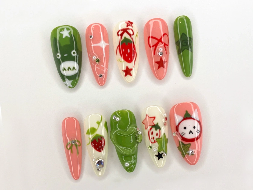 Ghibli Long Almond Press On Nails | Free Style Handpainted Cartoon in Fake Nails | Anime Nails Art | Miffy Nails | Abstract Nails| JC284S