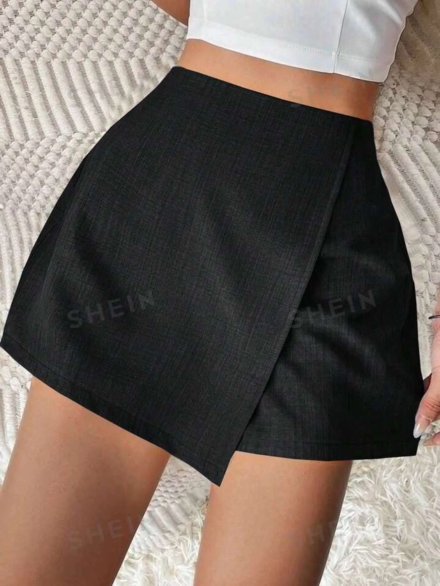 SHEIN Privé Solid Color Asymmetrical Wrap Hem Mini Skirt Shorts