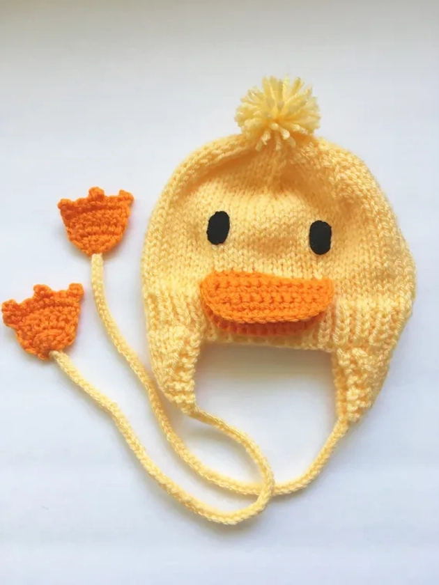 Yellow Duck Hat, Infant Cap, Hat with Ties, BabyKnit Hat, Photo Prop, Hand Made Gift, Stocking Stuffer, Unisex Baby Gift, Made to Order