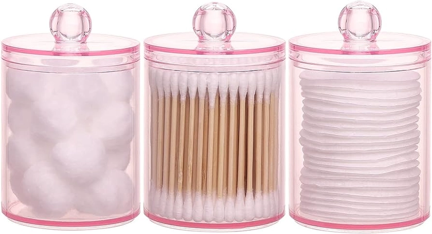 Tbestmax 3 Pack Cotton Swab Ball Pad Holder, 10 Oz Qtip Apothecary Jar Pink Makeup Organizer, Bathroom Containers Dispenser