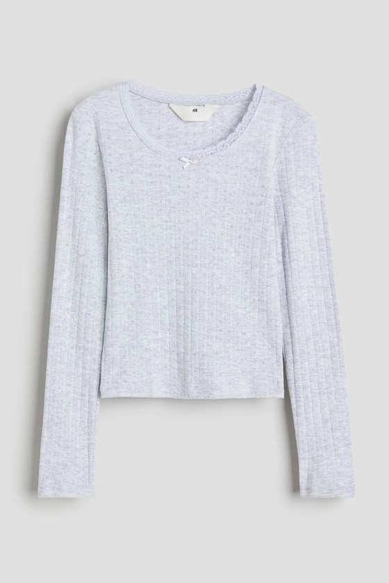 Lace-trimmed pointelle jersey top - Light grey marl - Kids | H&M GB