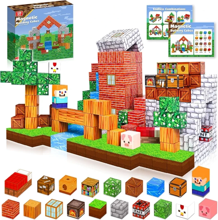 Magnetic Blocks | 100PCS Magnet Building Cube Game, Constructions Toys for Boys & Girls Age 3-4, 5 6 7 8 9 10, STEM Montessori Stacking Toy, Sensory Tiles Building Christmas for Toddlers