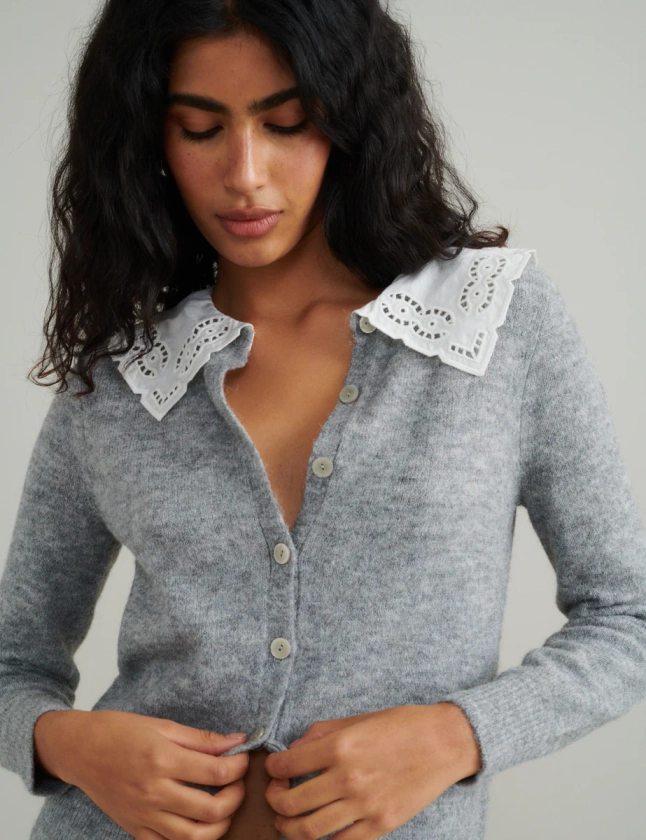 Grey Broderie Anglaise Collar Cardigan