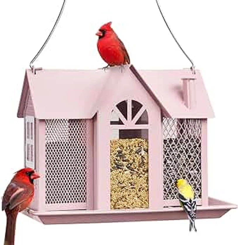 Kingsyard Bird Feeder House for Outside, Metal Mesh Wild Bird Feeder with Triple Feeders for Finch Cardinal Chickadee, Large Capacity, Weatherproof and Durable, Pink